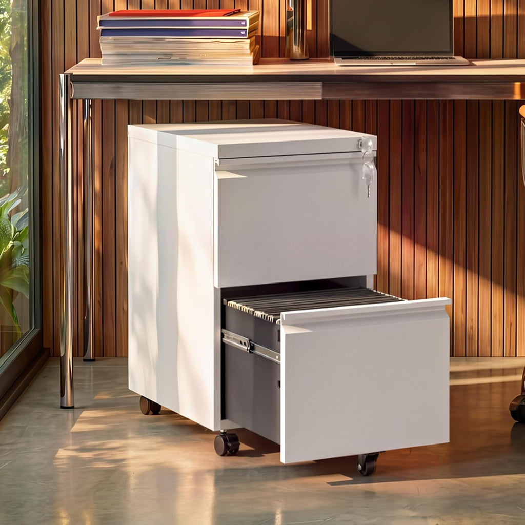 DEVAISE 2 Drawer Mobile File Cabinet with Lock, Commercial Vertical Metal Filing Cabinet for Home Office, Fully Assembled Except Casters, White
