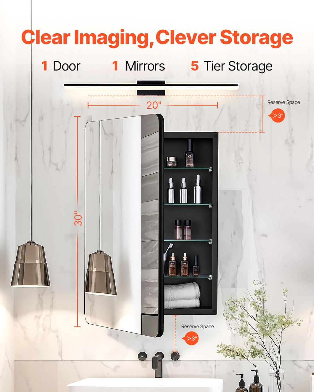 VEVOR Medicine Cabinet, 20 x 30 inch, Medicine Cabinet for Bathroom with Mirror, Aluminum Frame Bathroom Wall Cabinet, 4-Layer Adjustable Shelves, Recessed & Wall-Mounted Installation