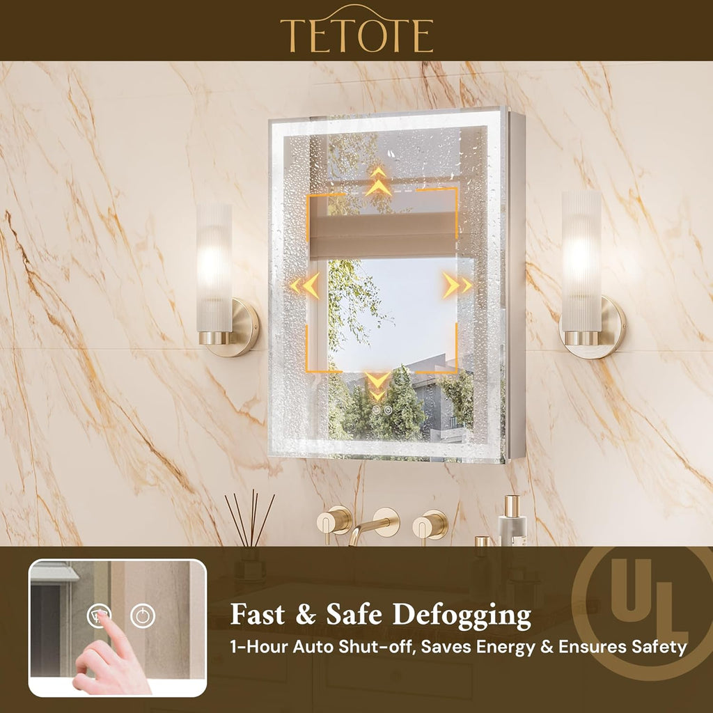 TETOTE 24 x 32 Medicine Cabinet with Lights, Adjustable Shelves, Silver Aluminum Cabinet, Anti-Fog Stepless Dimmable 3 Colors White/Warm/Natural, Easy to Install(Wall Mount/Recessed)