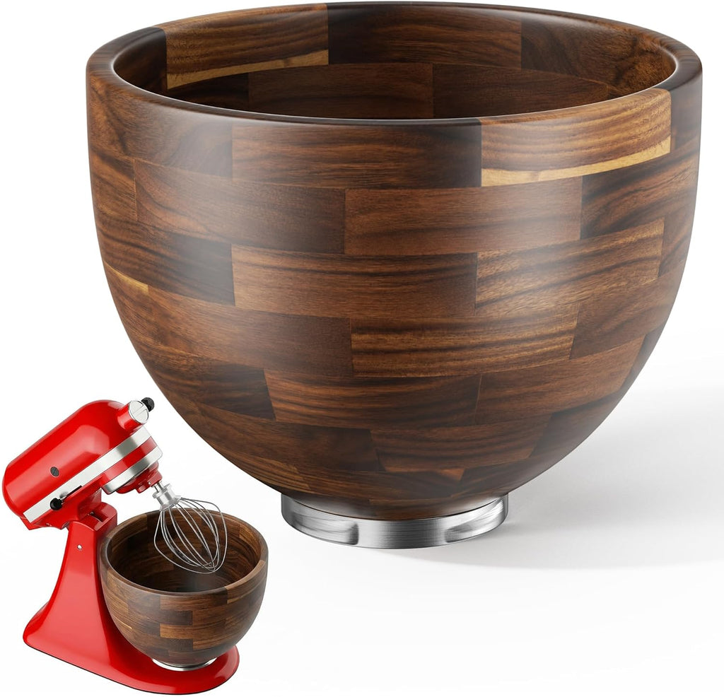 KitchenAid 5 QT Solid Acacia Wood Mixing Bowl for 4.5 & 5 Quart Tilt-Head Stand Mixers with Locking Steel Base, Warmer & Quieter Replacement Bowl for Baking & Dough, Kitchen Gift Idea