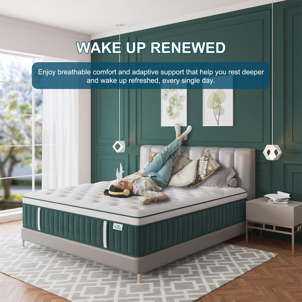 Queen Mattress, 14 Inch Hybrid Mattresses Green with Gel Memory Foam and Individually Pocket Innerspring Euro Top Medium Firm for Motion Isolation, Edge Support