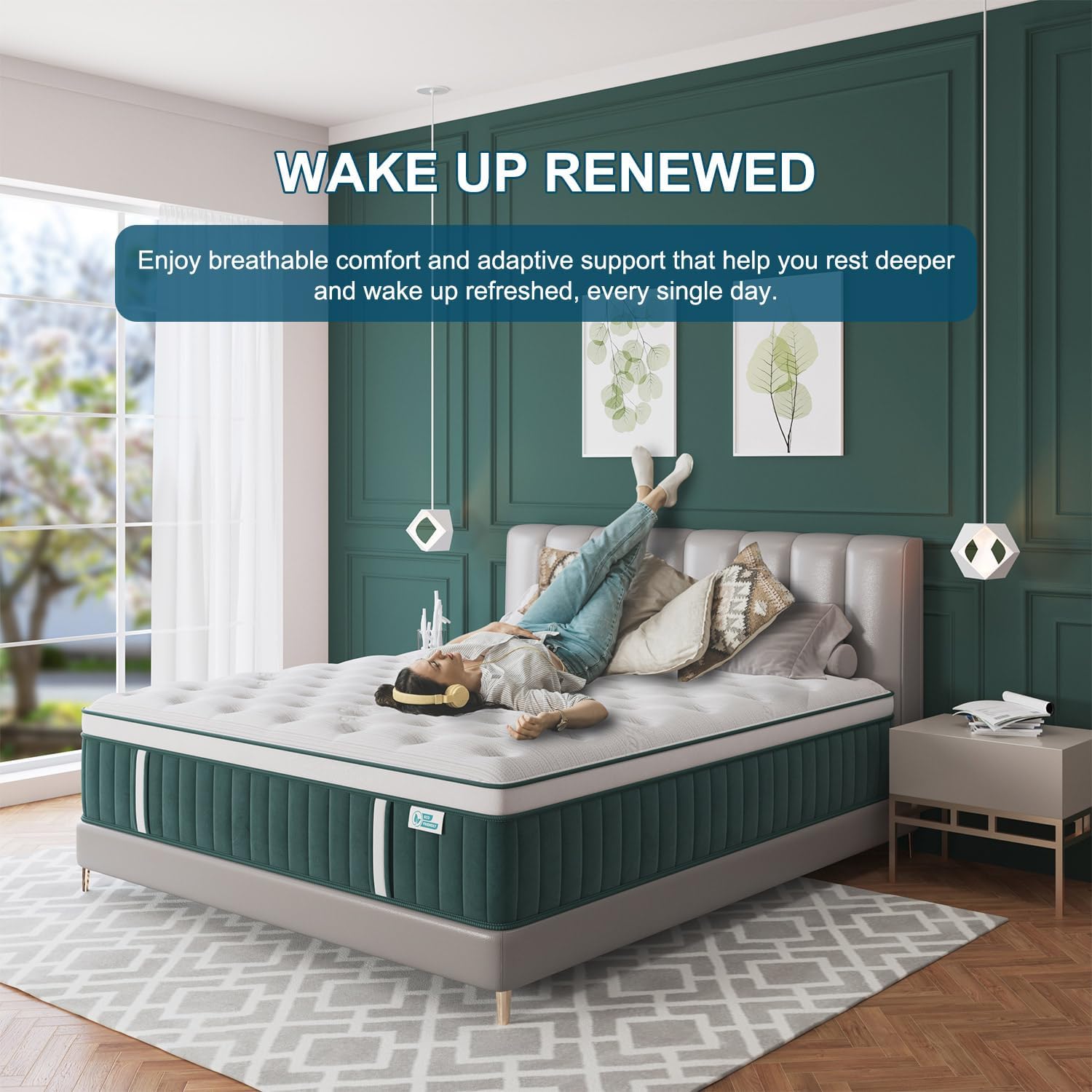 Queen Mattress, 14 Inch Hybrid Mattresses Green with Gel Memory Foam and Individually Pocket Innerspring Euro Top Medium Firm for Motion Isolation, Edge Support