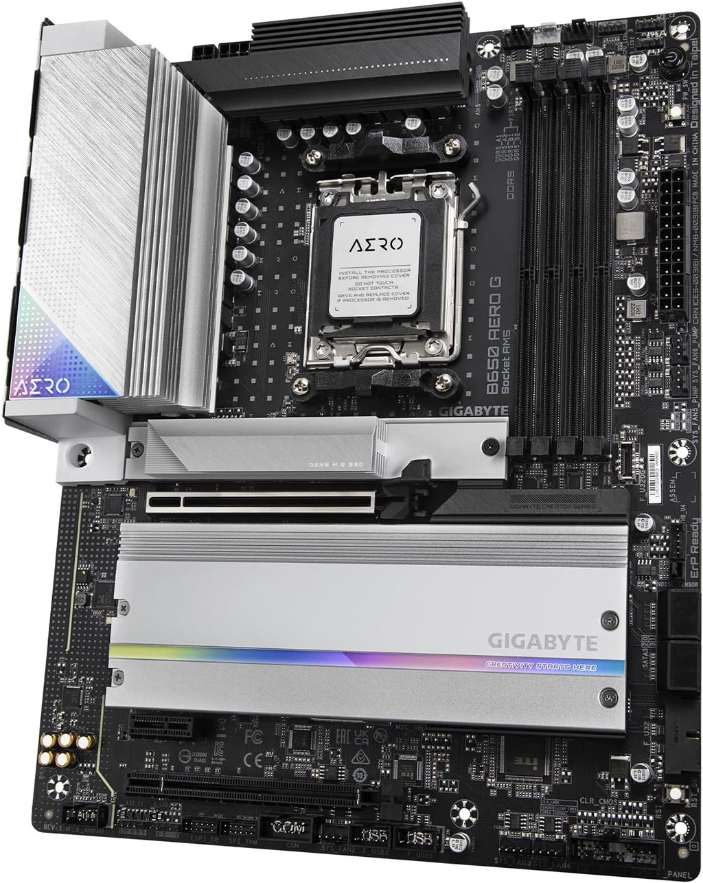 GIGABYTE B650 AERO G AMD AM5 ATX Motherboard, Support Ryzen 9000/8000/7000 Series, DDR5, Twin 16 Power Phase, DDR5, PCIe 5.0 M.2, USB-C 3.2 Gen 2, WIFI6E, 2.5GbE, EZ-Latch, Q-Flash, VisionLINK