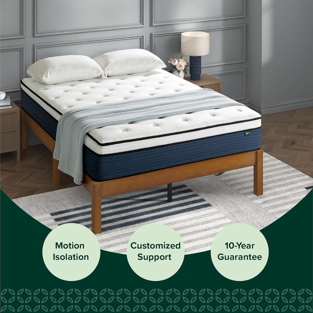 Zinus 12 Inch Comfort Support Hybrid Mattress New Version, Queen, Fiberglass Free, Medium Plush, Motion Isolation, Certified Safe Foams & Fabric, Mattress in A Box