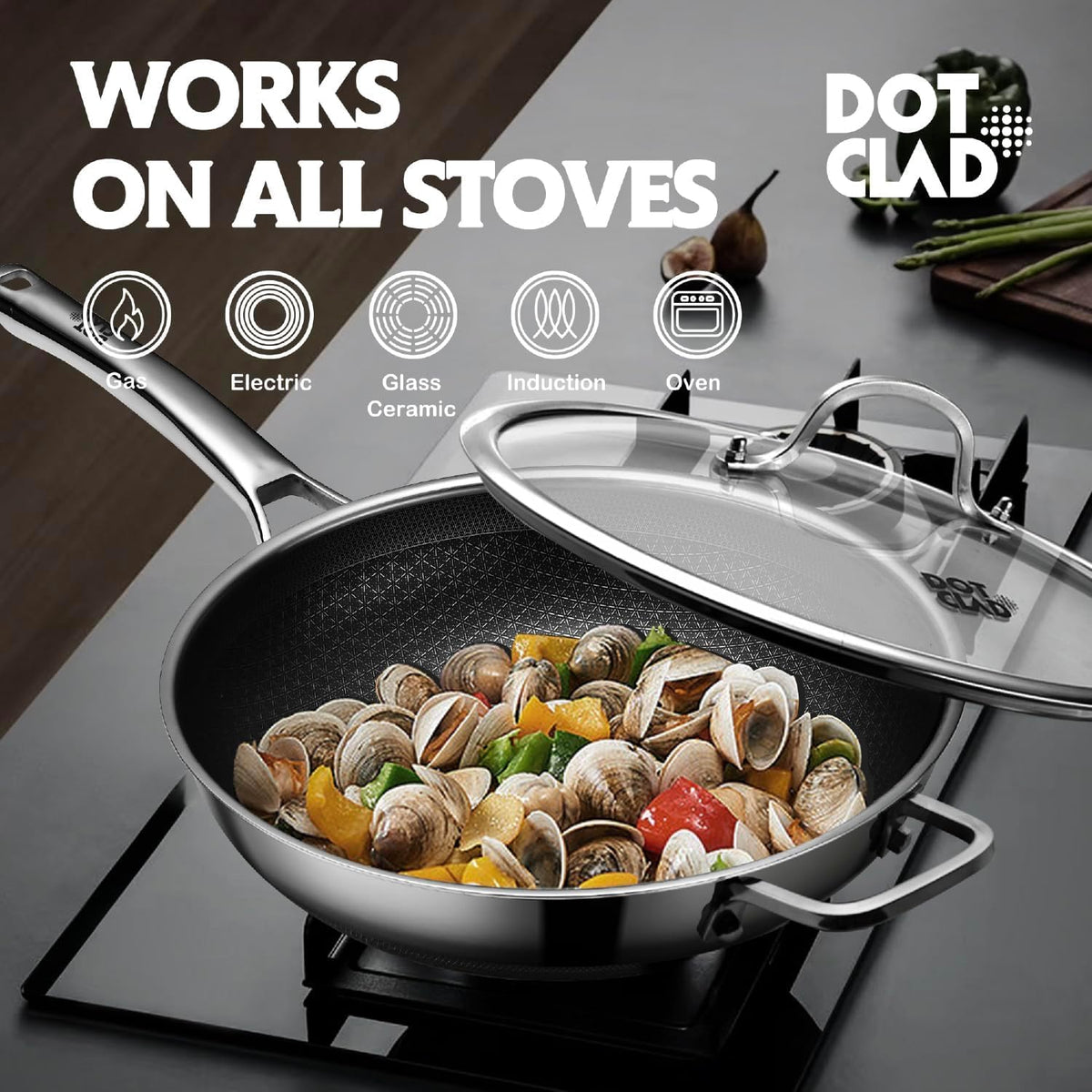 DOTCLAD 3-Piece Hybrid Stainless Steel Cookware Set-12 Inch Wok with Lid,10 Inch Frying Pan,12 Inch Skillet with Lid-Non Stick,PFOA Free,Dishwasher&Oven Safe,Induction Compatible,Cookware Set.