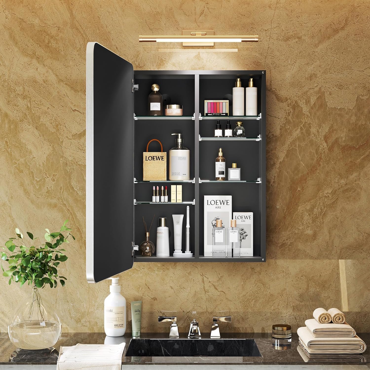 Silver Medicine Cabinet with Mirror 20x26 Inch, Anodized Aluminum Bathroom Cabinet, Rust Proof Recessed Wall Organizer, 6 Adjustable Glass Shelves, Soft Close, Modern Vanity Mirror