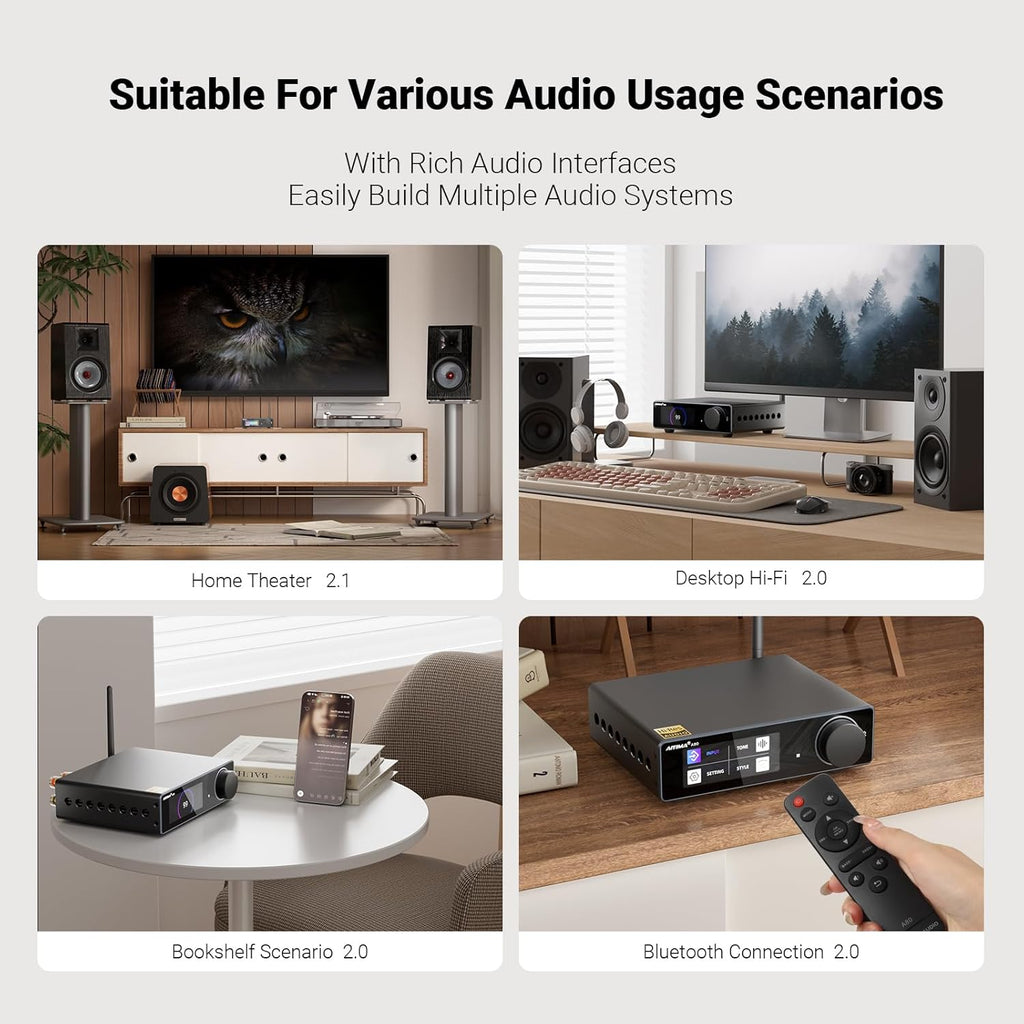 AIYIMA A80 Bluetooth Stereo Amplifier DAC HiFi Home Audio Component TPA3255 with PFFB,2 Channel Hi-Res Class D Power Amp | PC-USB COA Opt Inputs,Digital VU Meter | Pre-Out | TRS Balanced Input |Tone