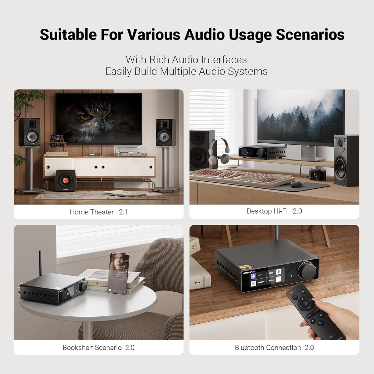 AIYIMA A80 Bluetooth Stereo Amplifier DAC HiFi Home Audio Component TPA3255 with PFFB,2 Channel Hi-Res Class D Power Amp | PC-USB COA Opt Inputs,Digital VU Meter | Pre-Out | TRS Balanced Input |Tone