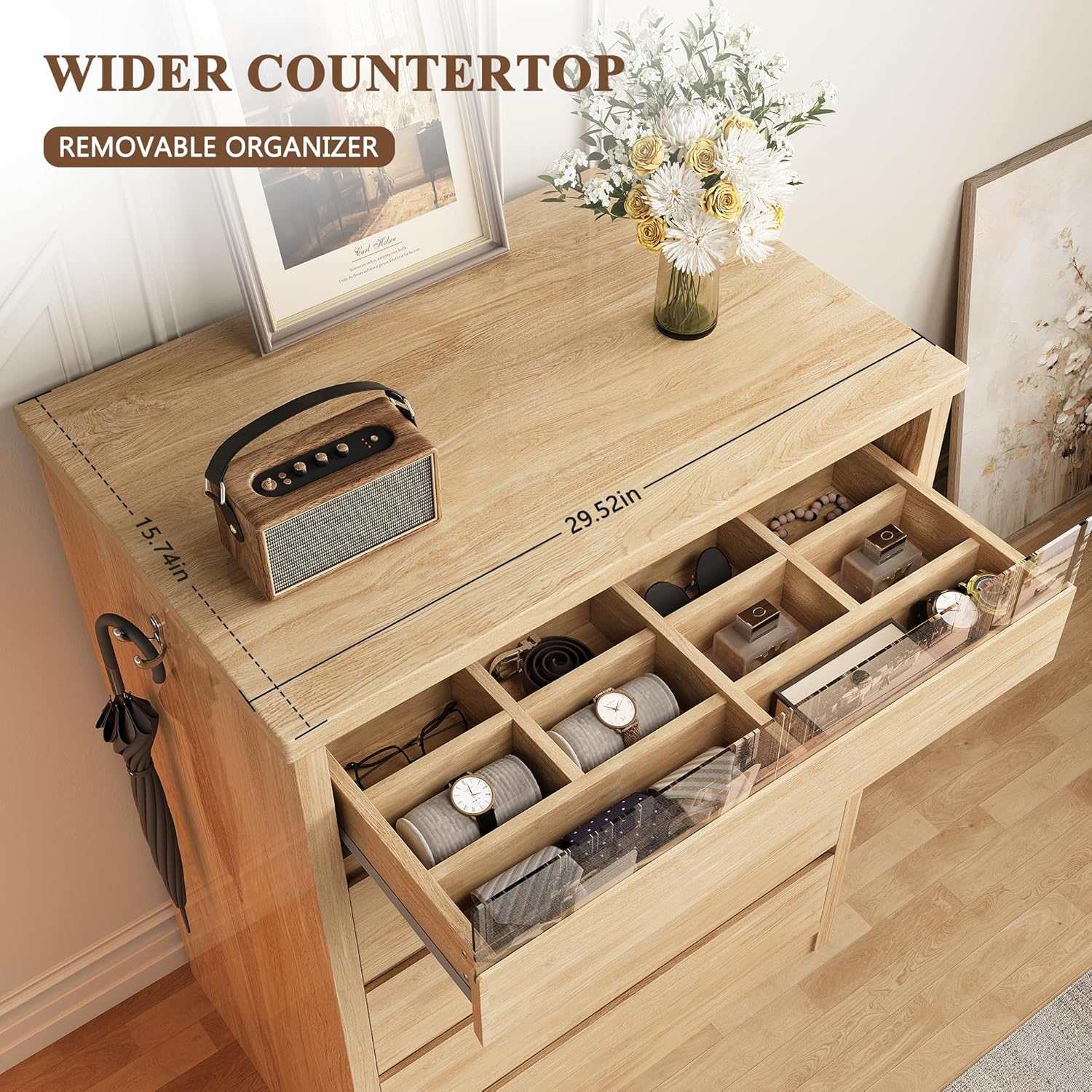 Jocoevol 5 Drawer Dresser for Bedroom with LED Light, Modern Chest of Drawers with Hidden Handles, Large Tall Wooden Dresser Closet for Living Room, Entryway, Hallway - Natural Oak