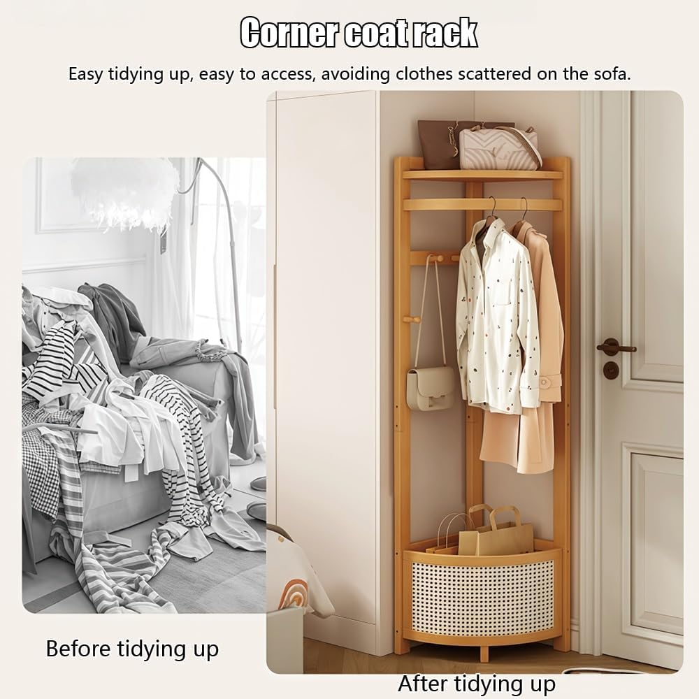 Corner Clothes Rack with Laundry Basket, Freestanding Coat Rack with Hooks, Wooden Corner Hall Tree with Storage Shelf for Bedroom, Entryway, Small Spaces(Brown)