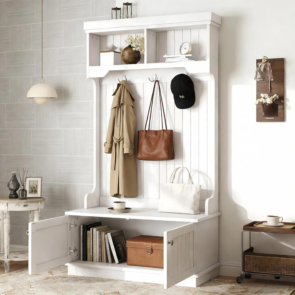 4-in-1 Entryway Hall Tree with Storage Shoe Bench, Coat Rack with Hooks, Open Shelves & Cabinet, Modern Organizer for Mudroom Hallway (White)