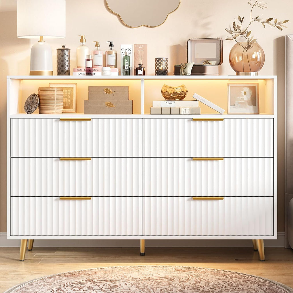 IDEALHOUSE 6 Drawer Fluted Dresser for Bedroom, 47.2" Wide Modern Chest of Drawers with Metal Handles, Wooden TV Stand, Storage Organizer for Closet, Living Room, Hallway, White