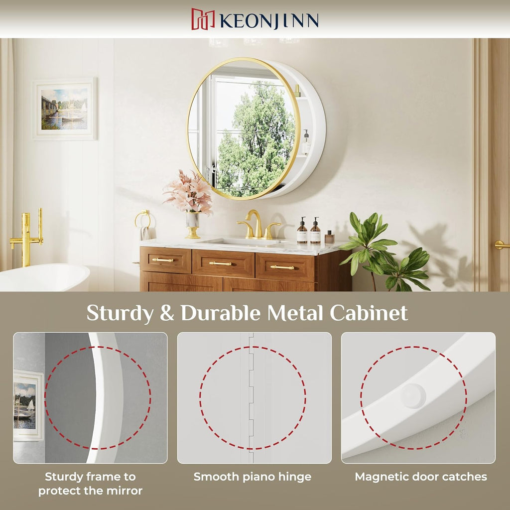 Keonjinn 26 x 26 Round Medicine Cabinets for Bathroom, Gold Surface Mount Metal Framed Medicine Cabinet with Mirror, Modern Medicine Cabinet Wall Mount Only, Farmhouse Mirrored Cabinet with Storage