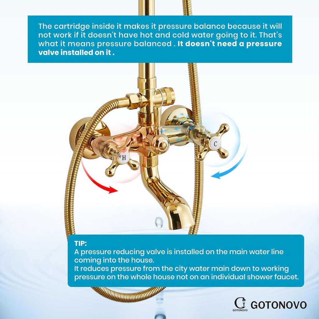 gotonovo Exposed Shower Faucet Set 8 Inch Rainfall Showerhead 3-Function Shower Fixture with Tub Spout 2 Corss Handles Shower System, Polish Gold