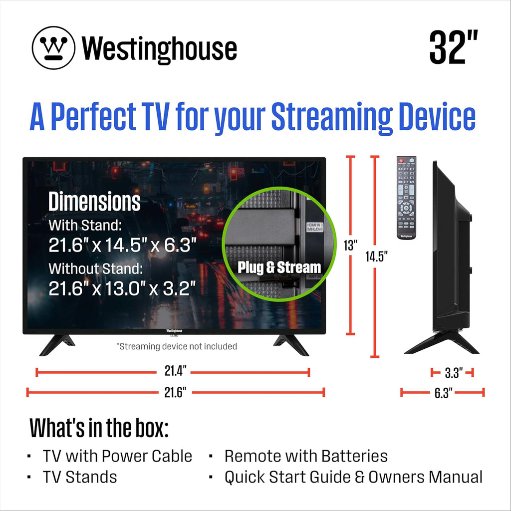 Westinghouse 32 Inch TV, HD LED Small Flat Screen Non-Smart Television, Works with Fire Stick, Roku, Apple TV, TiVo, Xumo, and Streaming Devices