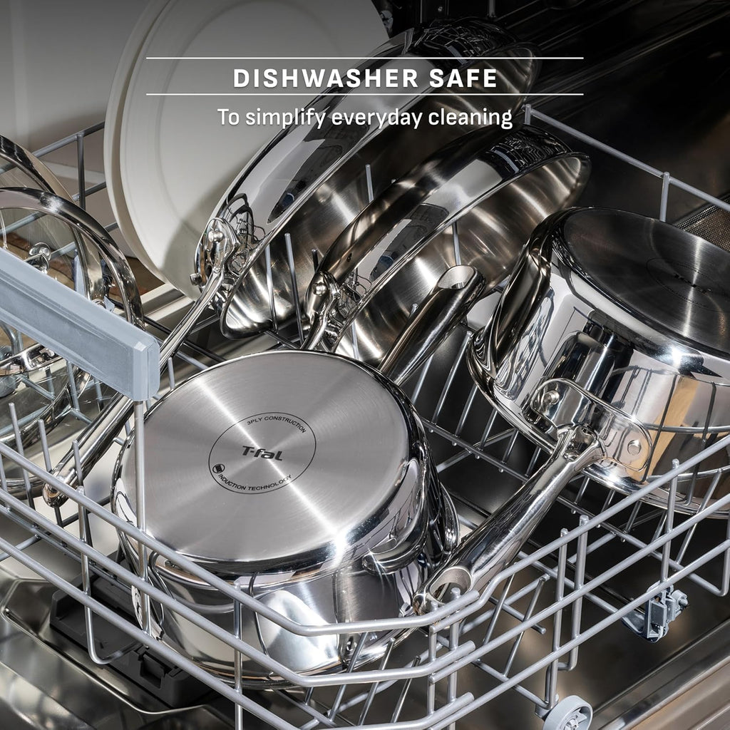 T-fal Pro Tri-Ply Stainless Steel Cookware Set, 10 Piece-Induction Compatible, Oven Safe 500F, Lids-350F, Even Heat, Professional Quality, Durable, Induction Pots and Pans Set, Silver