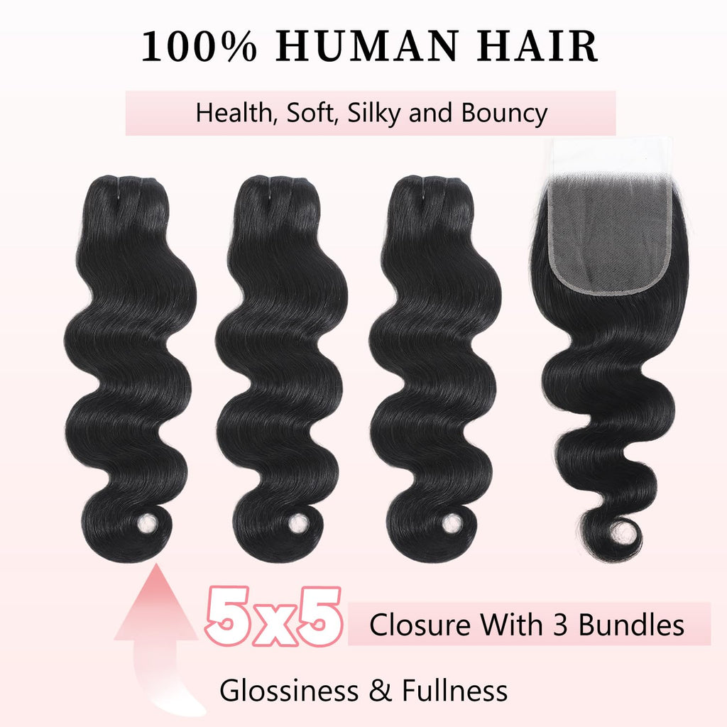 12A Body Wave Bundles with Closure 20 22 24+18Inch 5x5 HD Lace Closure 100% Brazilian Virgin Human Hair True to Length Quick Weave Natural Color Layered Look for Women Beginner Birthday Prom Party