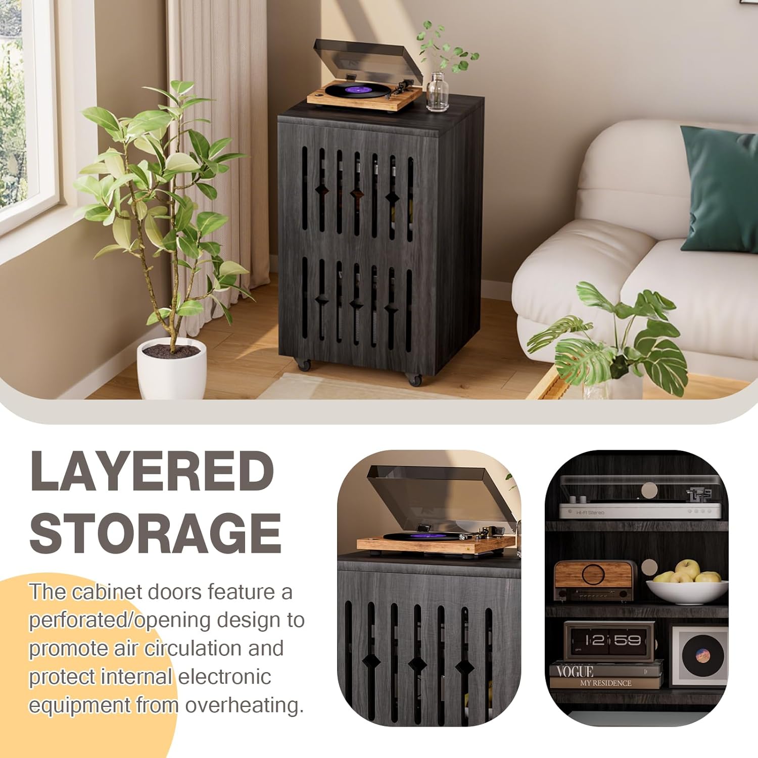 5-Tier Stereo Components Cabinet Wooden Audio Equipment Cabinet with Grille Door Closed Entertainment Stand with Adjustable Shelves AV Media Vintage Rack On Wheels for Living Gaming Room (Black)