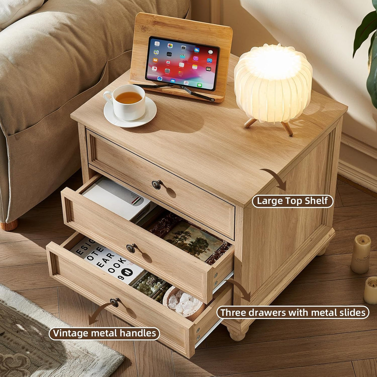 Joaxswe 24" Wide Farmhouse Night Stand Set of 2,Large End Table with 3 Drawers & Metal Handle,Wood Dresser for Bedroom,Bed Side Table Chest of Drawers Cabinet,Natural Nightstand for Living Room,Closet