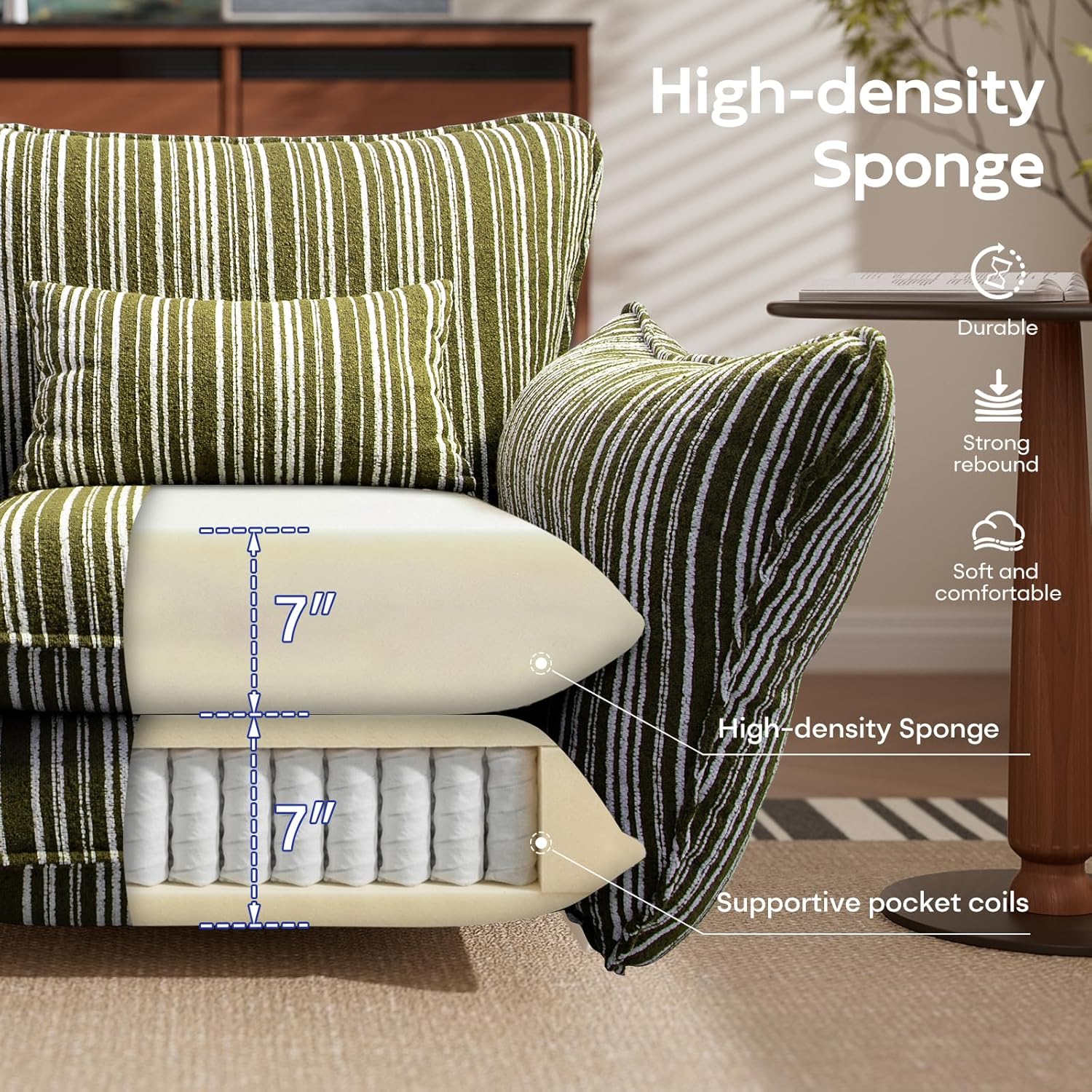 Chenille Accent Chair with Lumbar Pillow, Green Stripe, Wide Armrests, Deep Seat, 7 Inch High-Density Foam, 350 lbs Capacity