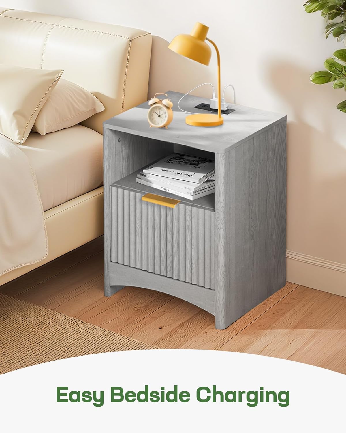 Marsail Fluted Nightstand Set of 2 with Charging Station, Adjustable Bedside Table with USB & AC Ports, Wood Grain Finish End Table, Sleek Wide Handle, Side Table for Bedroom, Light Grey