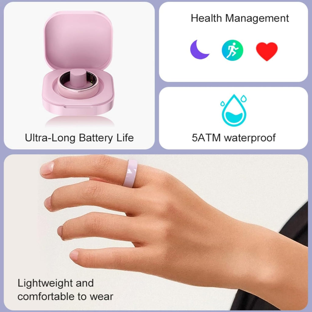 Smart Rings for Couples, Health Rings for Men & Women, 24/7 Track Heart Rate, Sleep, SpO2, Stress, HRV & Cycles, 5ATM Waterproof, iOS/Android, No Subscription, Pink, Size 6 (16.6mm)