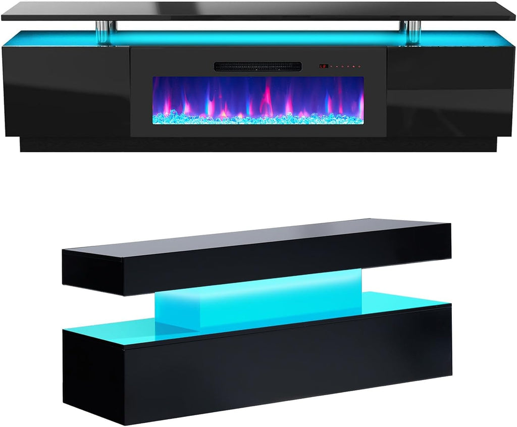 AMERLIFE 3 Piece Modern Living Room Table Set, Includes 80" High Gloss Fireplace TV Stand, 2-Tier Coffee Table, LED Lights Entertainment Center Set for Living Room, Black