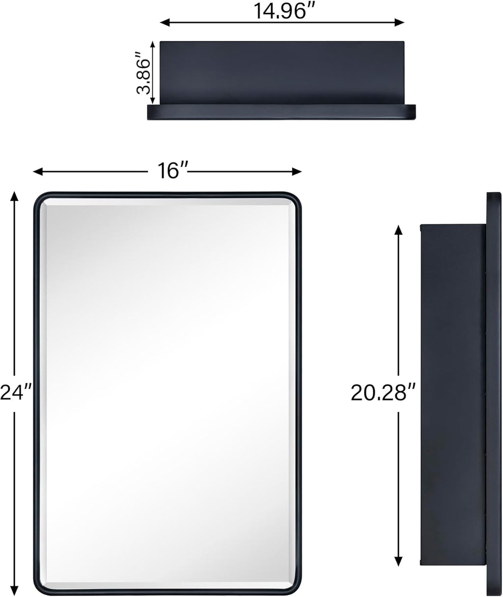 TEHOME Surface Mount 16x24 Black Bathroom Medicine Cabinet with Mirror Matt Black Metal Framed Rounded Rectangle Medicine Cabinet with Beveled Mirror