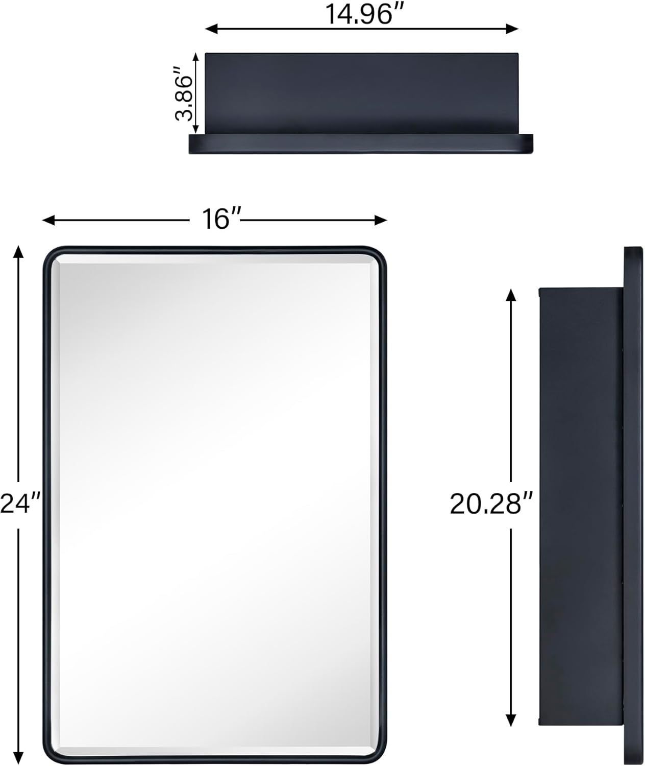 TEHOME Surface Mount 16x24 Black Bathroom Medicine Cabinet with Mirror Matt Black Metal Framed Rounded Rectangle Medicine Cabinet with Beveled Mirror