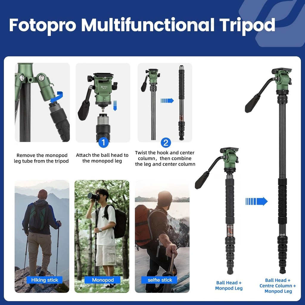 Fotopro 59" Carbon Fiber Travel Tripod with Fluid Head Detachable Monopod with Quick Release Plate and Bag Camera Tripod Load up to 8KG/17.63lbs X-go E2 Video Green
