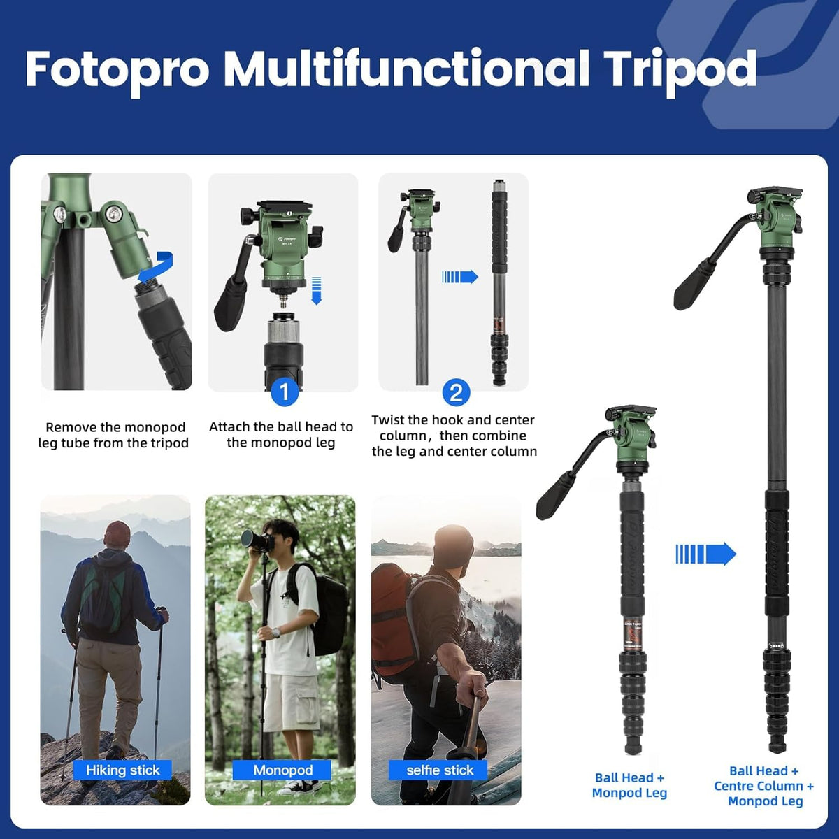 Fotopro 59" Carbon Fiber Travel Tripod with Fluid Head Detachable Monopod with Quick Release Plate and Bag Camera Tripod Load up to 8KG/17.63lbs X-go E2 Video Green