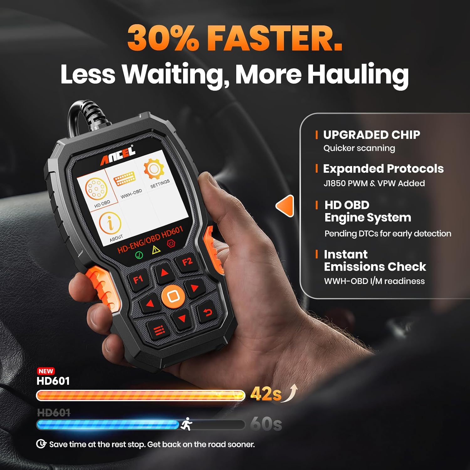 ANCEL New HD601 Heavy Duty Truck Scanner, Diesel Full System Diagnostic Scan Tool Fits for Cummins, Detroit, Volvo, Paccar & Caterpillar, 2 in 1 HDOBD & OBD2 Code Reader for Commercial Vehicles & Cars