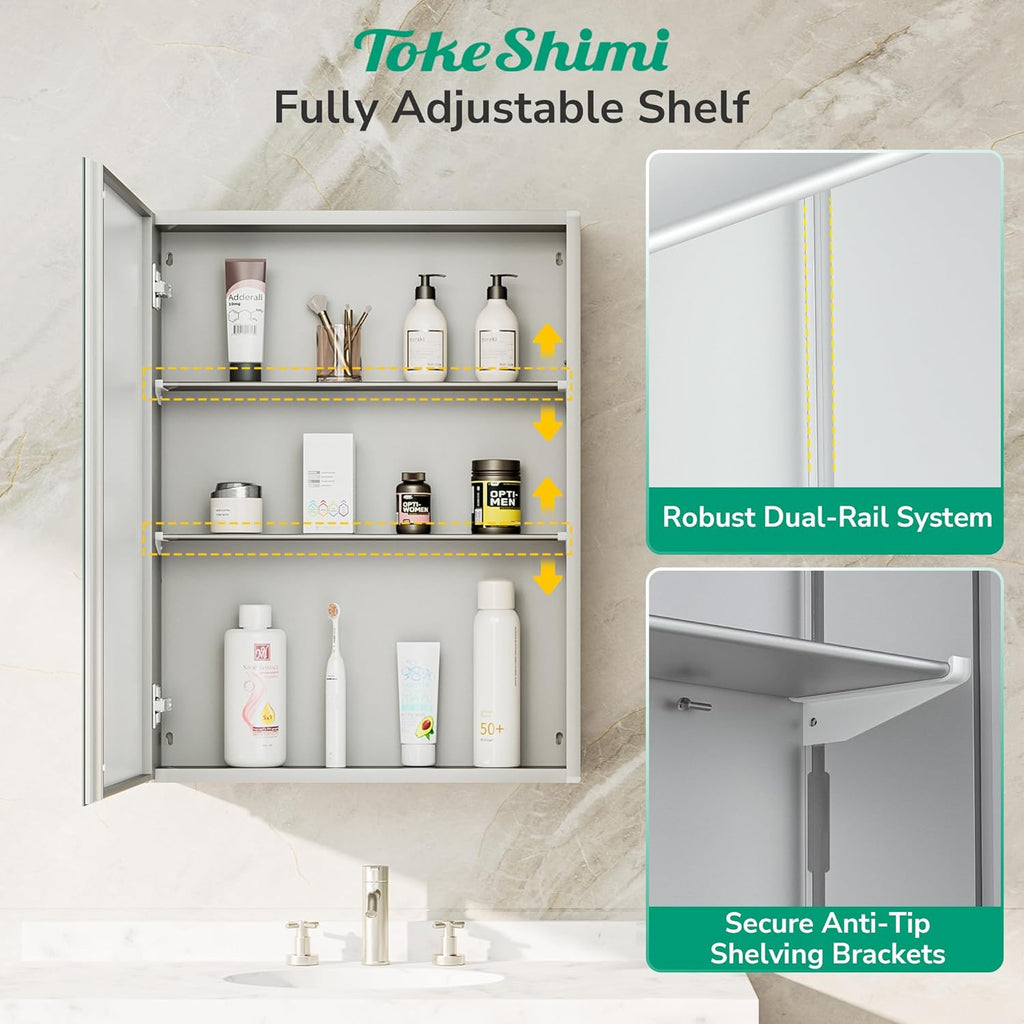 TokeShimi 20 x 28 Medicine Cabinet for Bathroom, Silver Recessed Medicine Cabinet with Tempered Beveled Mirror, Stepless Adjustable Shelves, DTC Hinge, Recessed/Wall Mounted