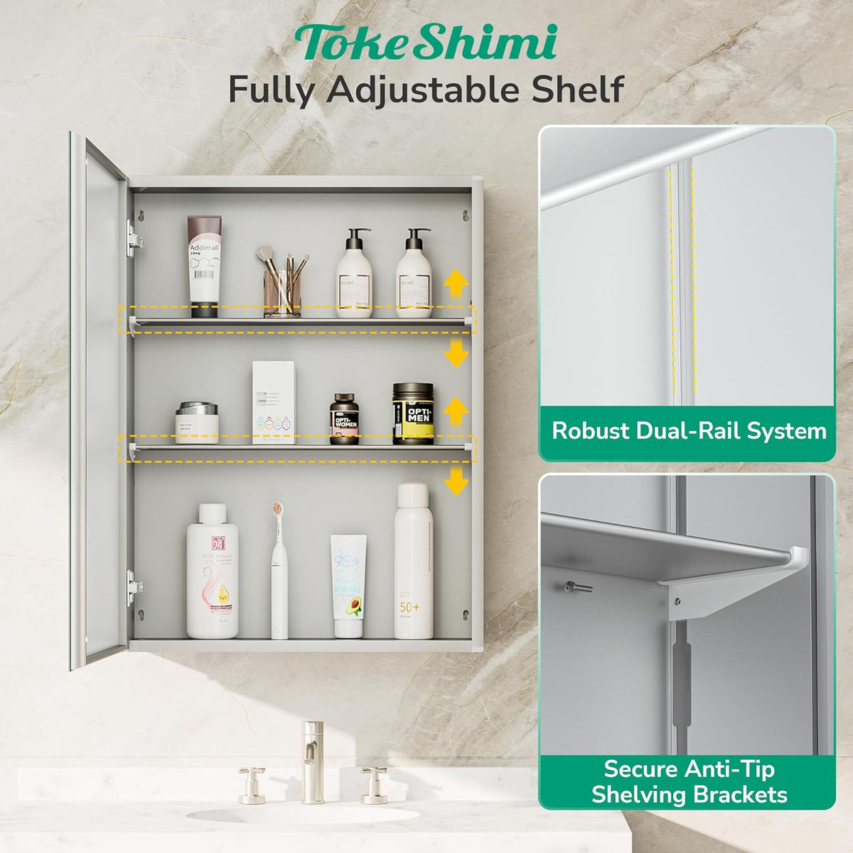 TokeShimi 20 x 28 Medicine Cabinet for Bathroom, Silver Recessed Medicine Cabinet with Tempered Beveled Mirror, Stepless Adjustable Shelves, DTC Hinge, Recessed/Wall Mounted