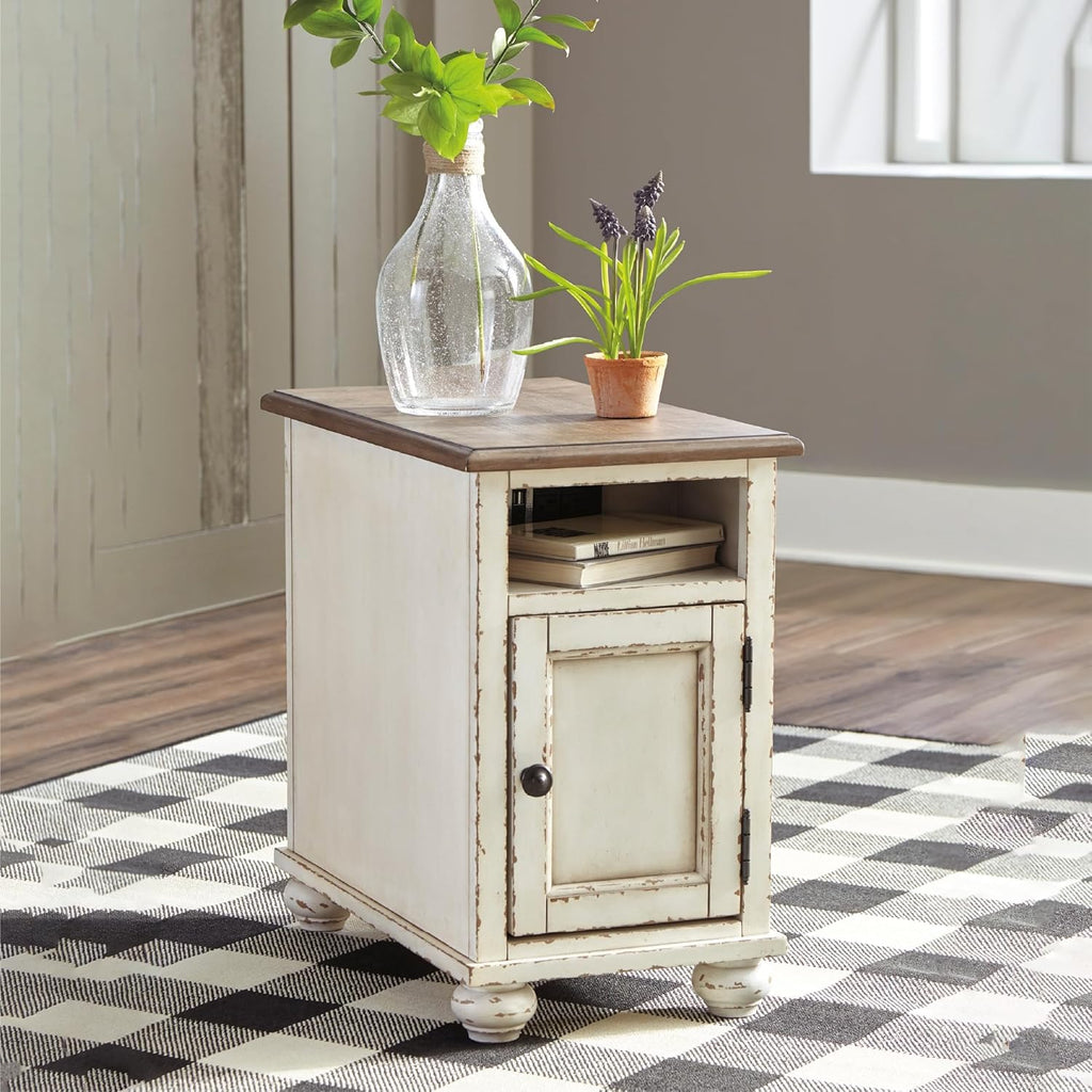 Signature Design by Ashley Realyn French Country Chair Side End Table, Cabinet Storage with Shelf, Outlets and USB Ports, Wood, 14" W x 24" D x 23.13" H, Cream