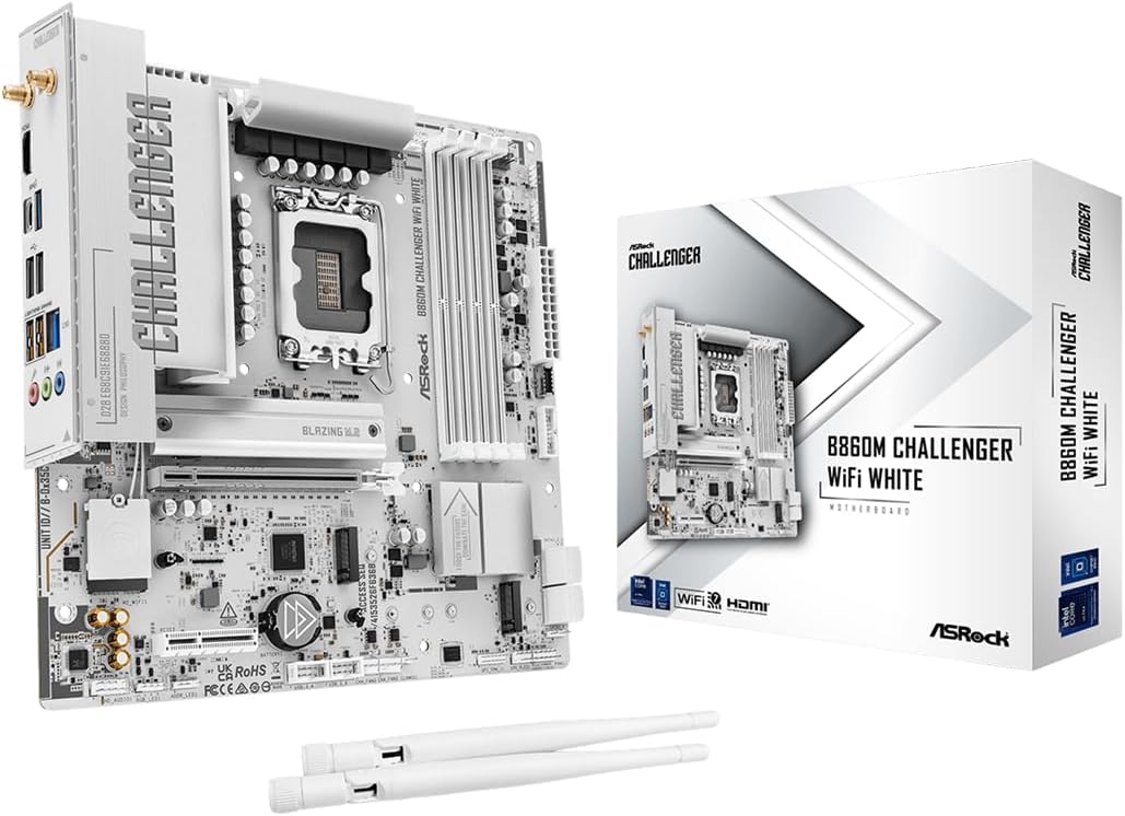 ASRock B860M Challenger WiFi White mATX Motherboard, Intel Core Ultra (Series 2), DDR5 8666+ (OC), PCIe 5.0, 2.5G LAN, WiFi 7, Dr.MOS