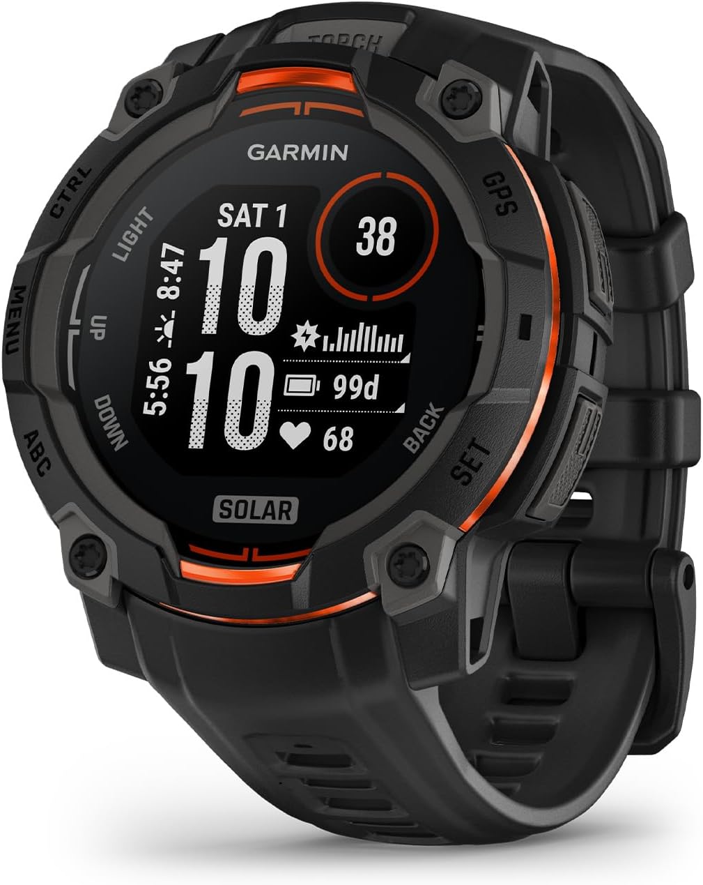 Garmin Instinct® 3 45mm, Solar Charged Display, Rugged Outdoor GPS Smartwatch, Metal-Reinforced Bezel, Built-in Flashlight, Black (Renewed)