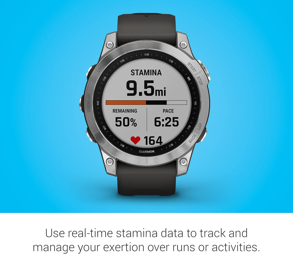 Garmin 010-02540-00 fenix 7, adventure smartwatch, rugged outdoor watch with GPS, touchscreen, health and wellness features, silver with graphite band (Renewed)