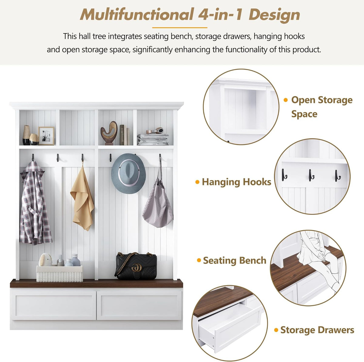 LUMISOL Mudroom Coat Rack with 2 Large Drawers, Entryway Hall Tree with Storage Bench, Farmhouse Shoe Cabinet with 6 Hanging Hooks, for Hallway, White