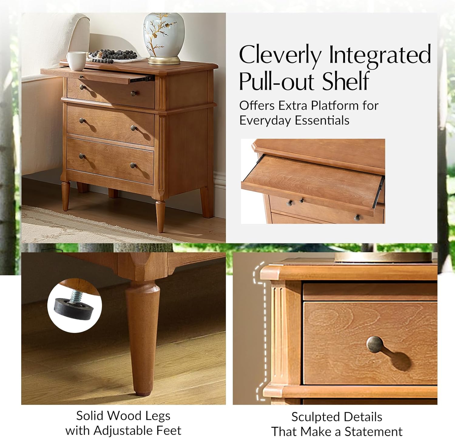 HULALA HOME End Table with Charging Station & Hidden Drawer, 30" Tall Side Table with Pull-Out Shelf, Rubberwood Legs(Set of 2, Teak)