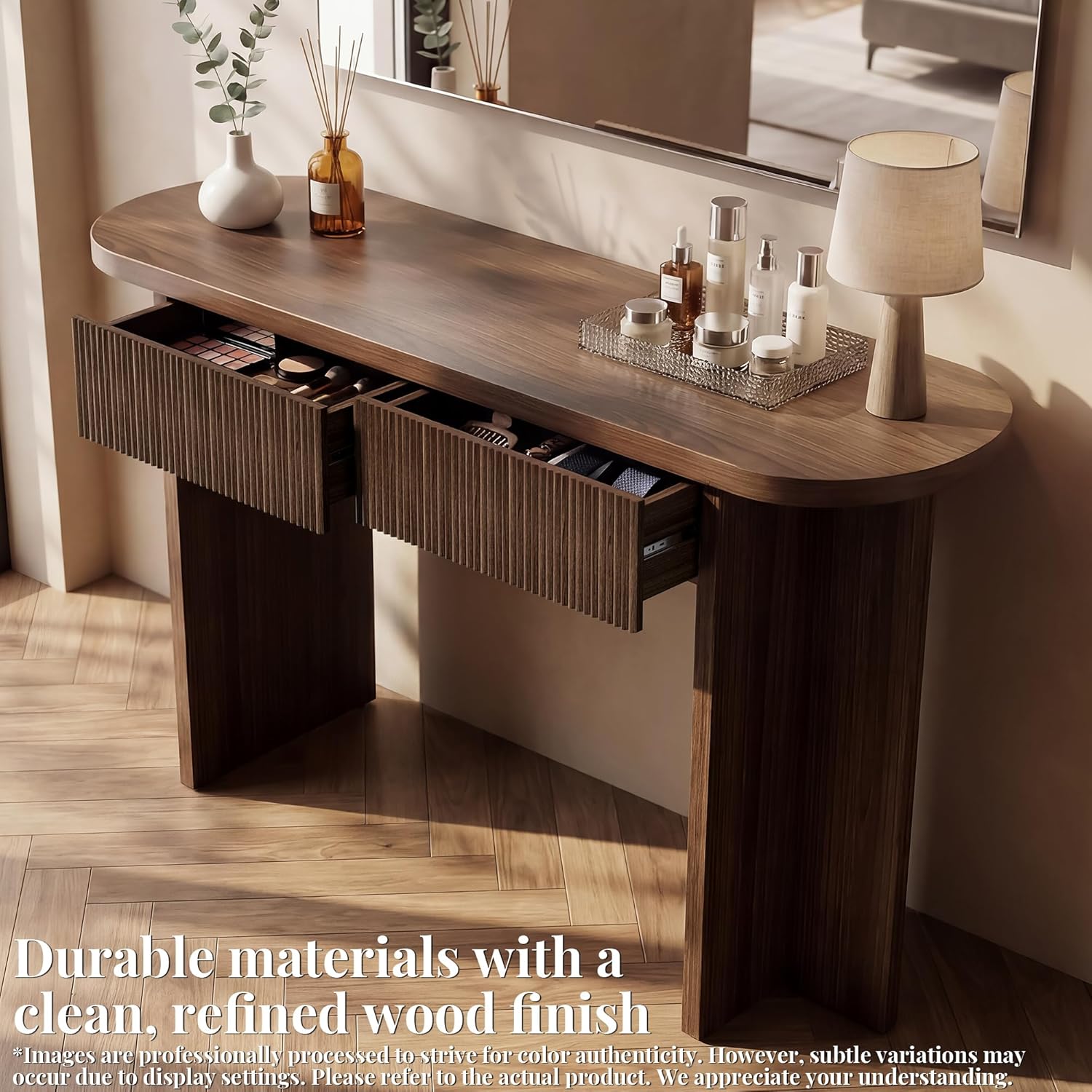 55 Inch Fluted Console Table with Drawers, Entryway Table with Storage, Modern Rounded Hallway Tables for Narrow Spaces（Brown）