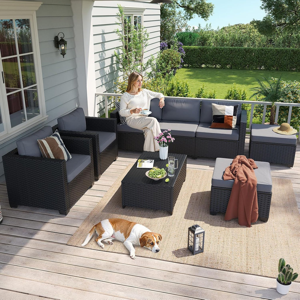 Aoxun 8 Piece Outdoor Patio Furniture Set 7 Seats, Outdoor Sectional,Grey