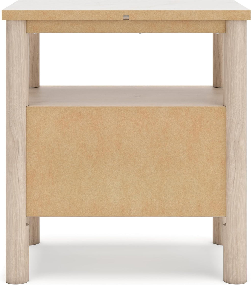 Signature Design by Ashley Cadmori Casual Faux Marble Tabletop 1 Drawer Nightstand with Open Shelf, Ambient Lights, Wireless Charging and USB-C Ports, 26.57" Tall, Light Brown & White