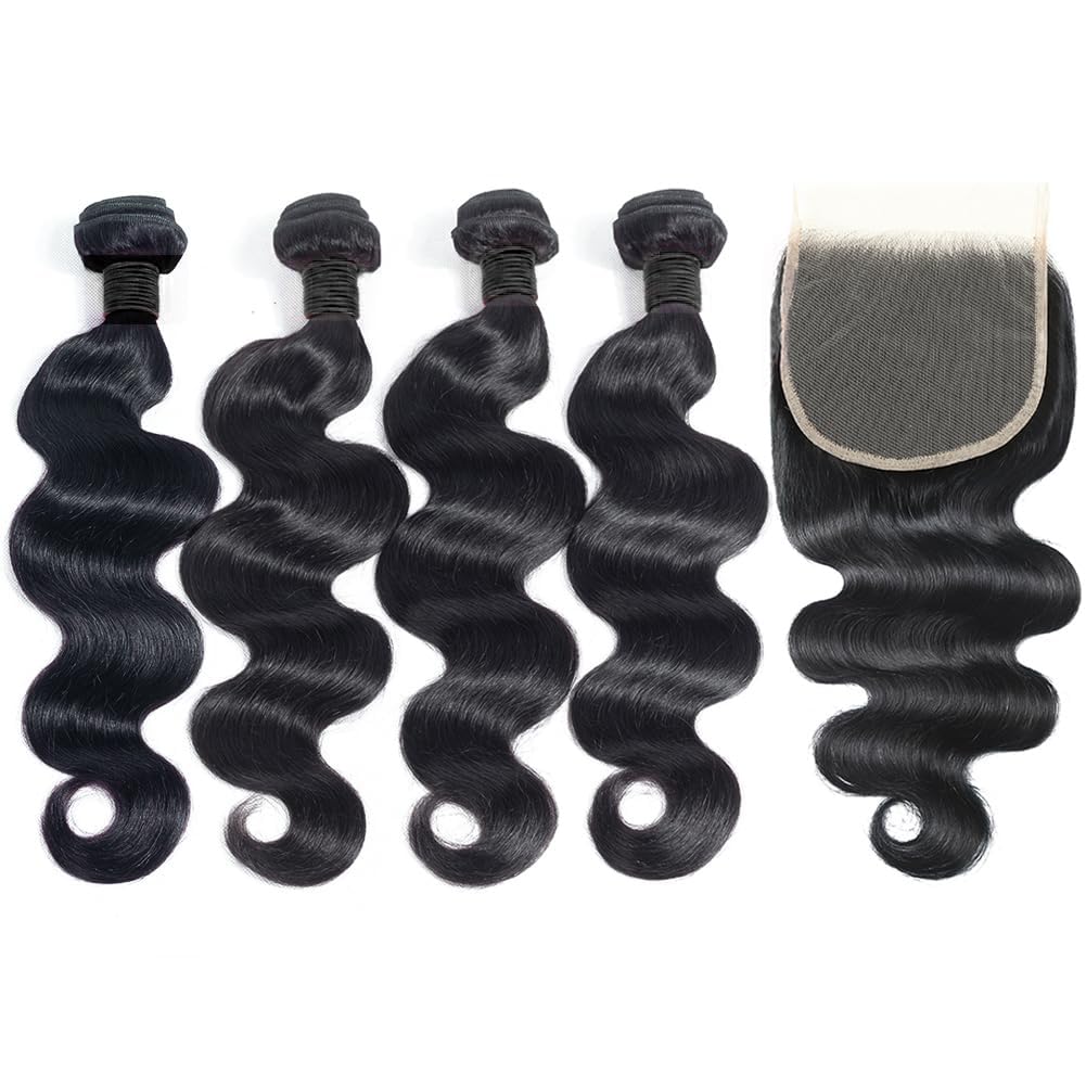 12A Human Hair Bundles with Closure 18 20 22 24+16 Inch Brazilian Body Wave 4 Bundles Human Hair with 5x5 HD Lace Closure Unprocessed Virgin Human Hair Natural Black