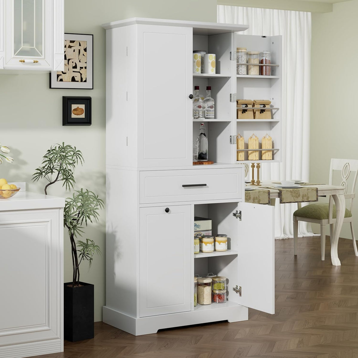 Tall Storage Cabinet Pantry Cupboard with Laundry Hamper and Door Rack Organizer for Bathroom, Kitchen or Enterway, Adjusatble Shelf, White