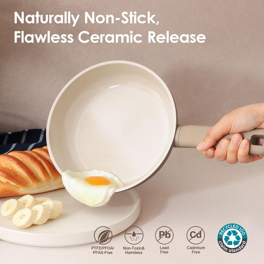 SENSARTE Ceramic Nonstick Pots and Pans Set 17pcs, Healthy Induction Cookware Set, Nontoxic Kitchen Cooking Set with Skillets & Saucepans, Stay-cool Handles, PFAS PTFE PFOA PFOS Free,Taupe