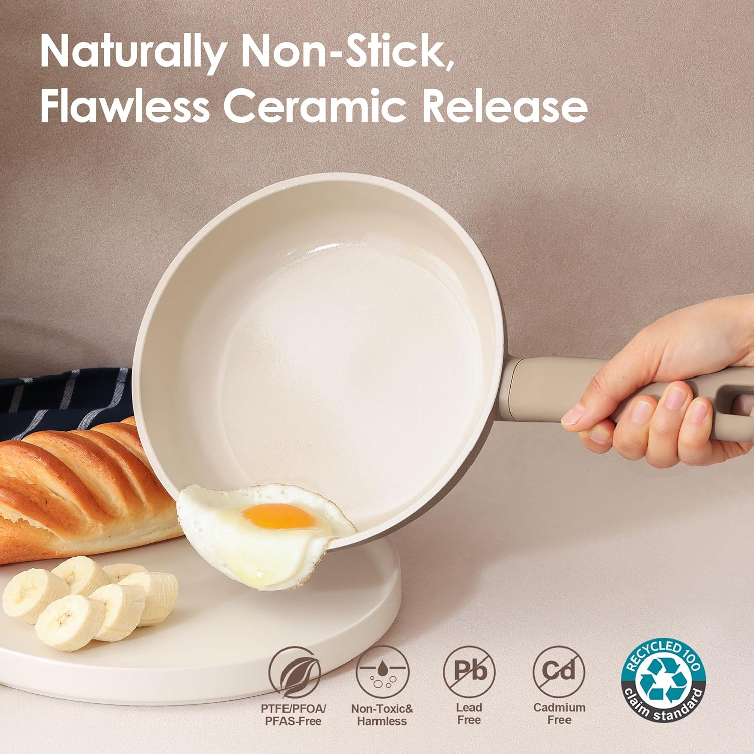SENSARTE Ceramic Nonstick Pots and Pans Set 17pcs, Healthy Induction Cookware Set, Nontoxic Kitchen Cooking Set with Skillets & Saucepans, Stay-cool Handles, PFAS PTFE PFOA PFOS Free,Taupe