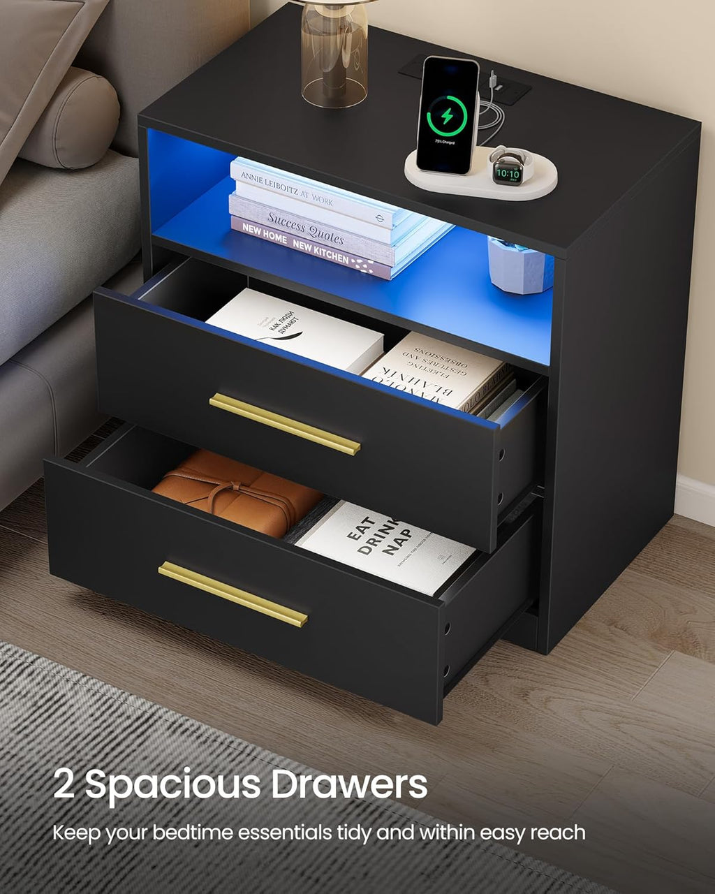 VASAGLE Custos Collection - Set of 2, 23.6 Inch Wide Nightstands with Charging Station, LED Lights, Modern Night Stands, Side End Tables with Drawers, Open Shelf, 2 AC Outlets USB Ports, Ink Black