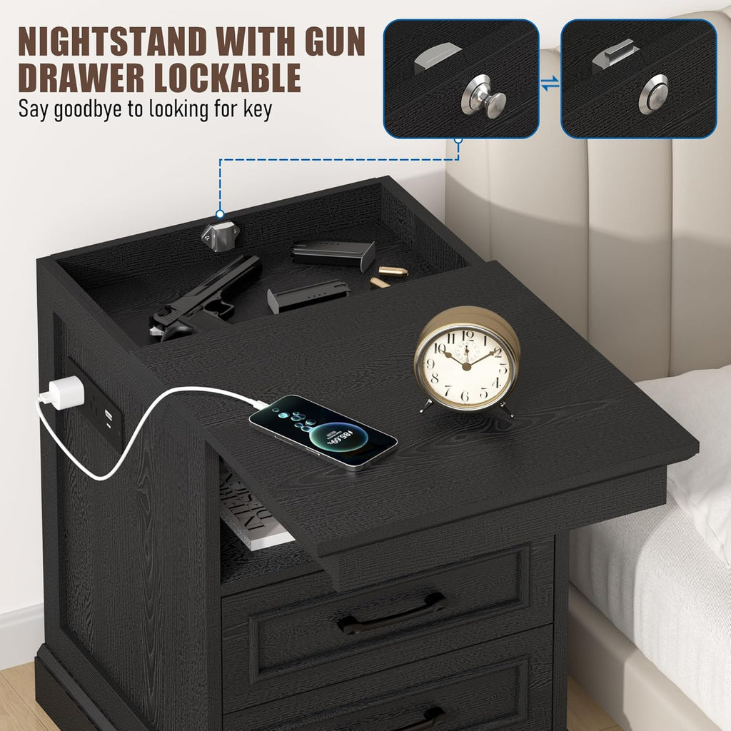 Gadroad 18" Farmhouse Accent Nightstand with Charging Station, End Table with 3 Drawers Storage, Side Table, Bedside Cabinet for LivingRoom Bedroom Office, Black