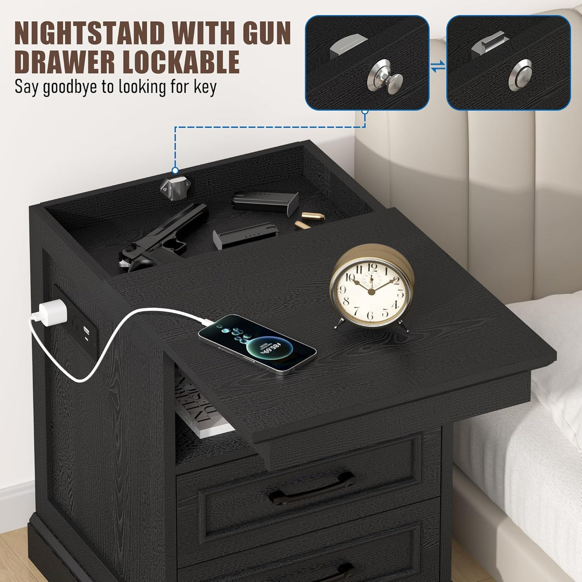 Gadroad 18" Farmhouse Accent Nightstand with Charging Station, End Table with 3 Drawers Storage, Side Table, Bedside Cabinet for LivingRoom Bedroom Office, Black